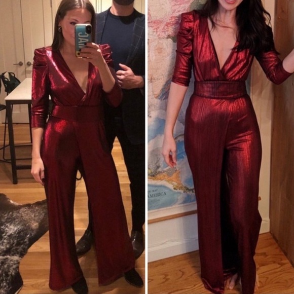 Retrofête Monroe Metallic Puff-Sleeve Jumpsuit size S - Picture 3 of 13